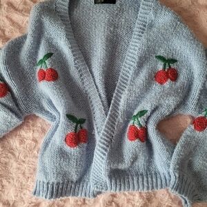 SHEIN Blue Cherry Embroidered Cardigan